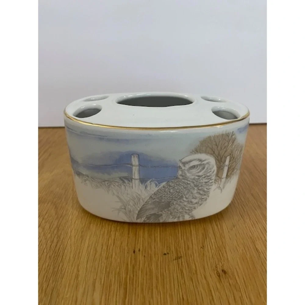 Otagiri Owl Bathroom Set Unisex OS Blue Good Vintage Ceramic Japan 3pc Gold Trim